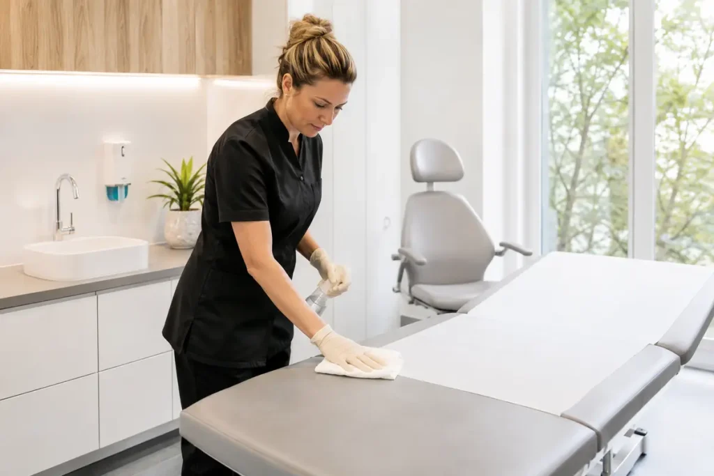 Hygienische Reinigung eines Behandlungsraums in einer Arztpraxis