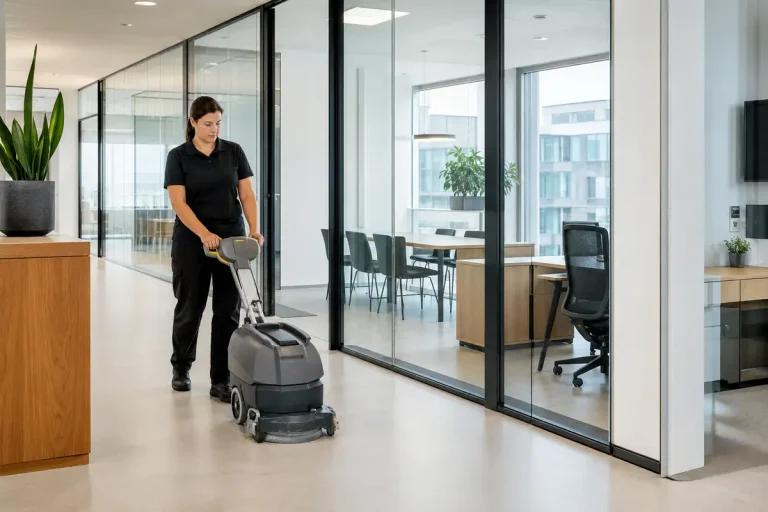 Reinigungskraft bei der regelmässigen Unterhaltsreinigung eines Bürogebäudes